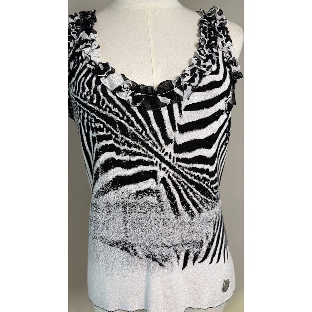 Class Roberto Cavalli Zebra Print Knit Tank Top Ruffle Neck Italy IT 46 US 12 Y2 - Picture 7 of 16